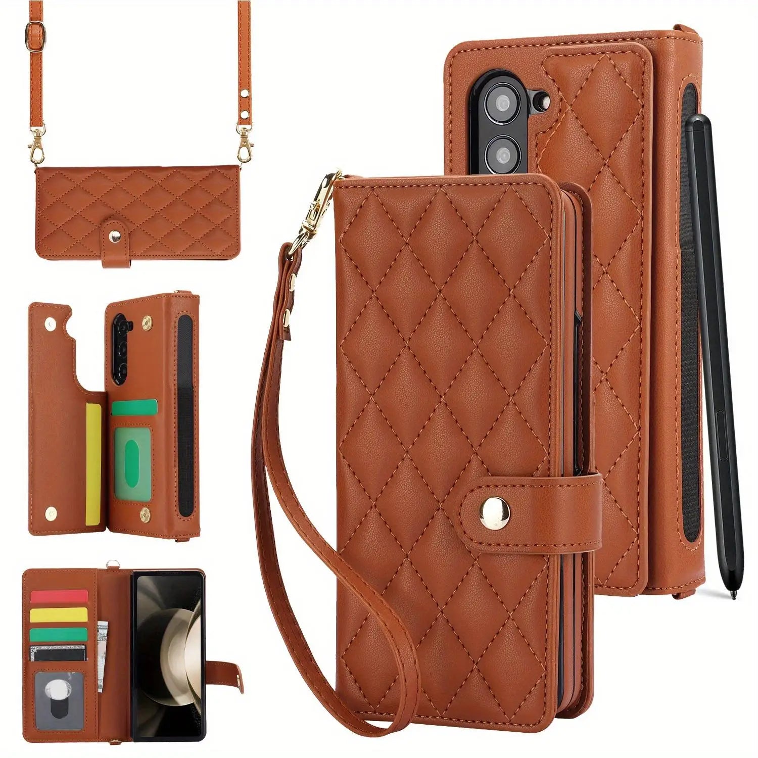PU Leather Flip Wallet Case For Samsung Galaxy Z Fold 6 5 4 3 5G With Holder Crossbody Wrist Strap Card Slot Stand Phone Cover