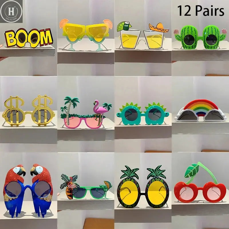 12 Pairs Per Set Cute Beach Sunglasses 2025 Men Funny Summer Vacation Decorative Shades Women Fashion Design Rave Sun Glasses HALALZEN