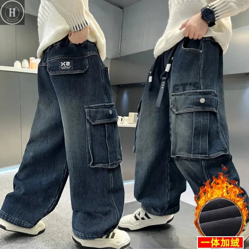 School Boy Winter Insulated Cargo Jeans Children's Warm Fleece Lined Stretch Straight Trousers For Kids Thermal Denim Pants 4-14 HALALZEN