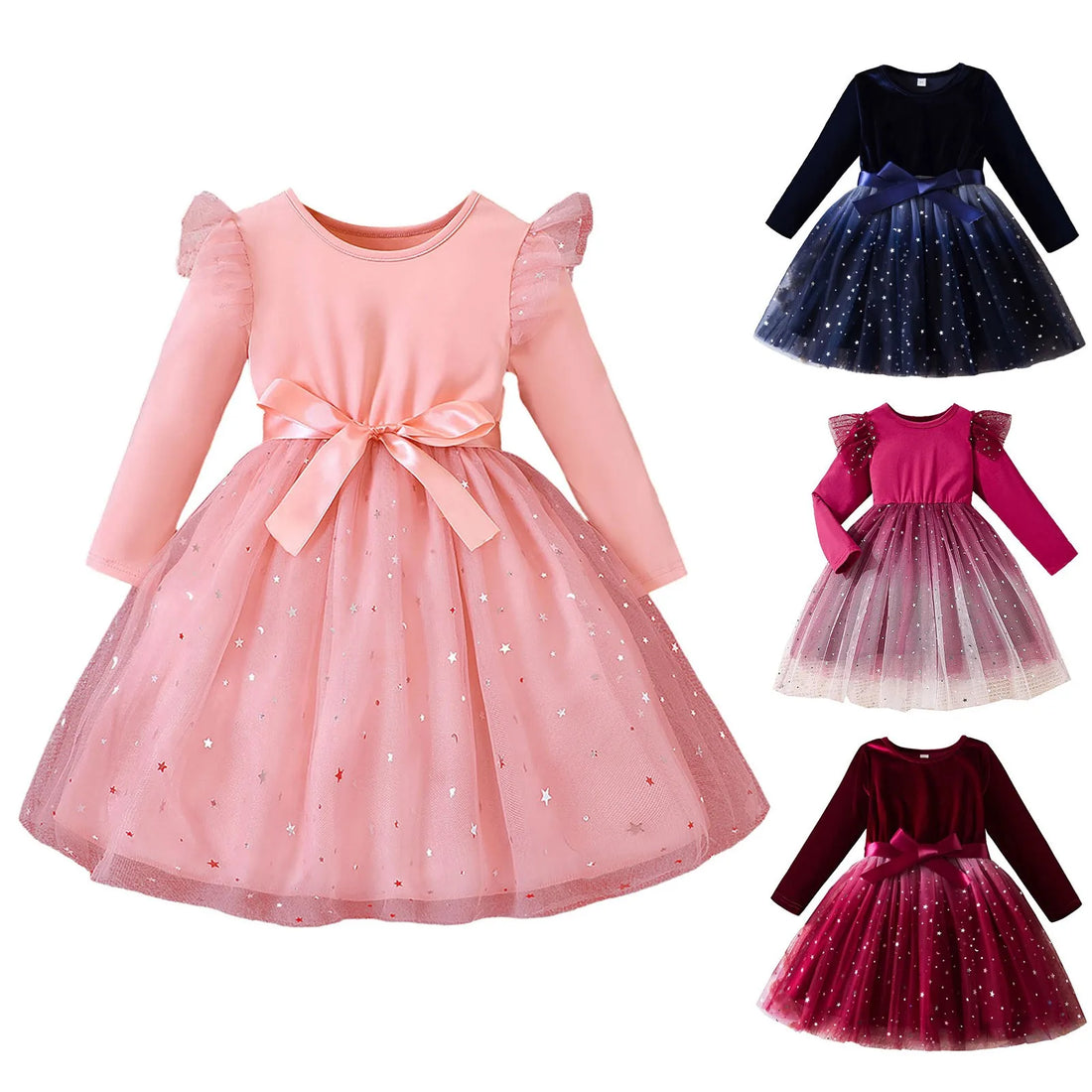 Girls Elegant Dresses Toddler Baby Girl Long Sleeve Sequin Design Tulle Bow Dress Christmas New Year Winter Party Girls Dresses