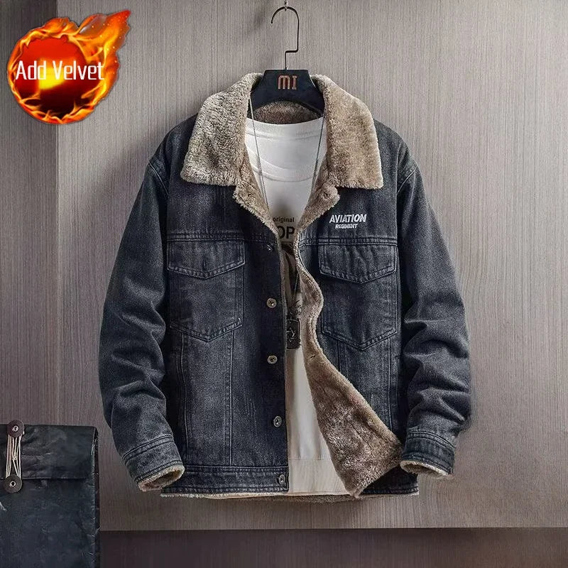 Winter 2025 Cowboy Coat for Men Vintage Warm Denim Jackets Man Padded Sherpa Loose Elatic Japanese Retro Outwear High Quality