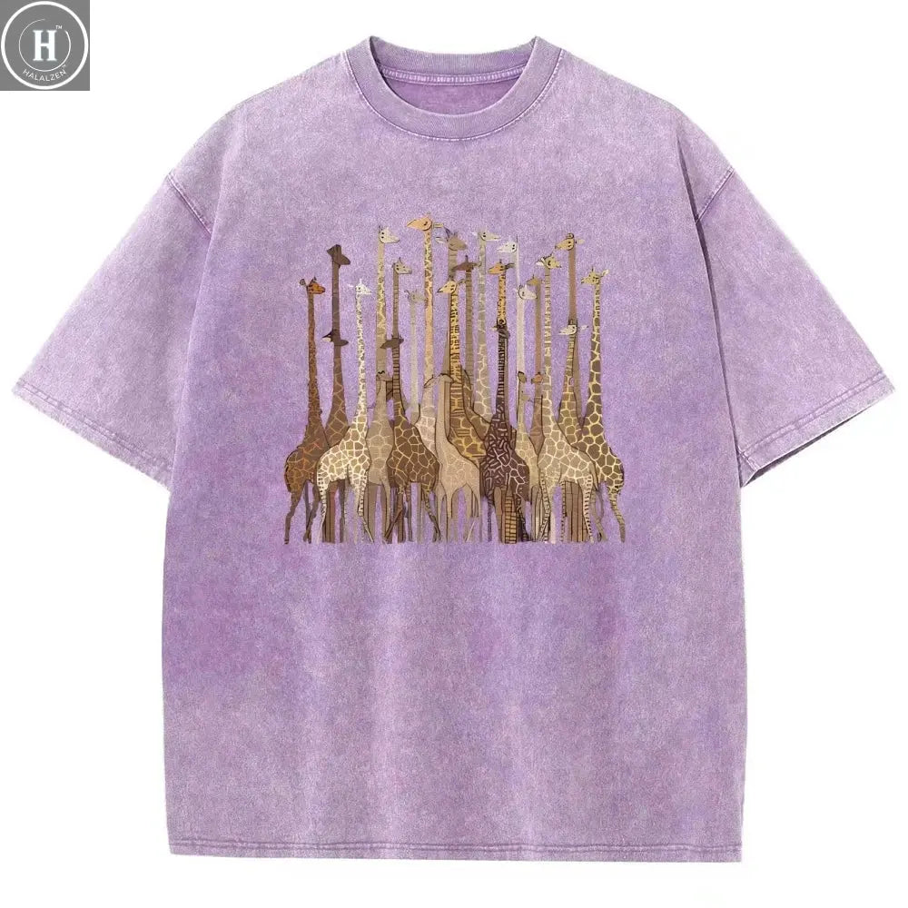 100% Cotton Women's T-Shirt High Quality Soft Cartoon Funny Giraffe Print T-Shirt Custom T-Shirt Daily Wear Clothing HALALZEN