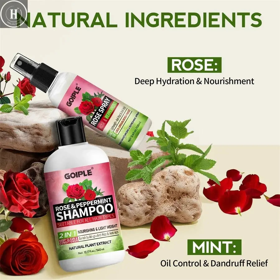 Rose Peppermint Shampoo & Rose Hair Care Spray Moisturizing and Nourishing Conditioning Hair Products Christmas Gifts for Women HALALZEN