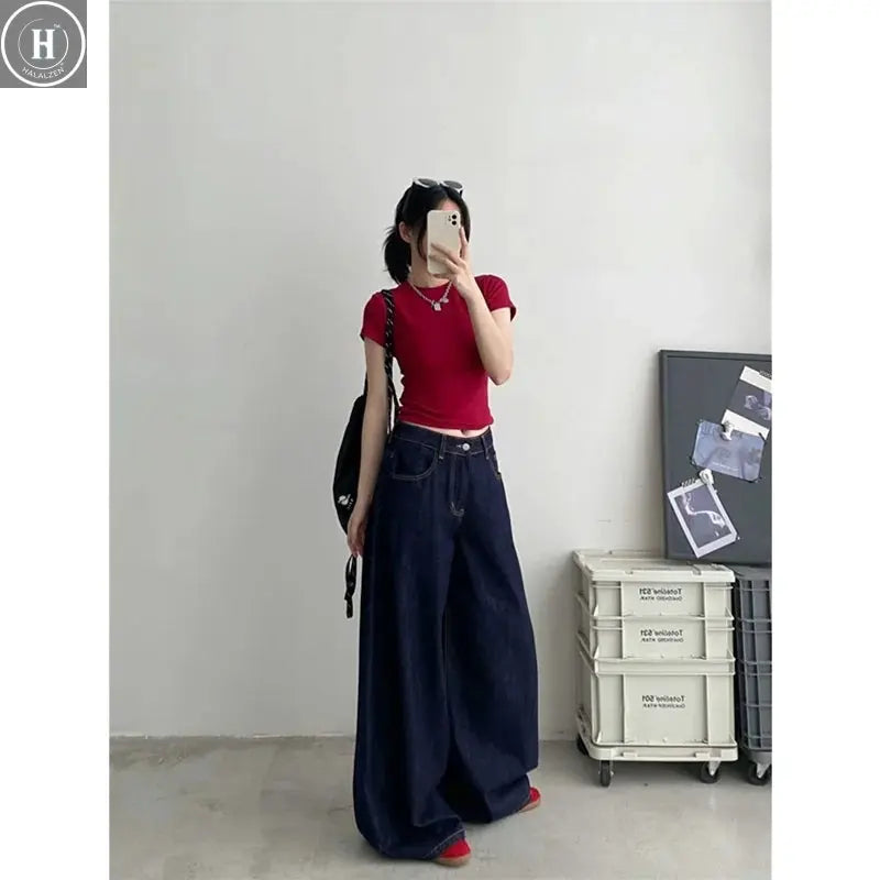 Blue Womens Jeans High Waist Vintage Straight Summer Y2K Classic Denim Pants Streetwear American Wide Leg Baggy Denim Trouser Halalzen UK