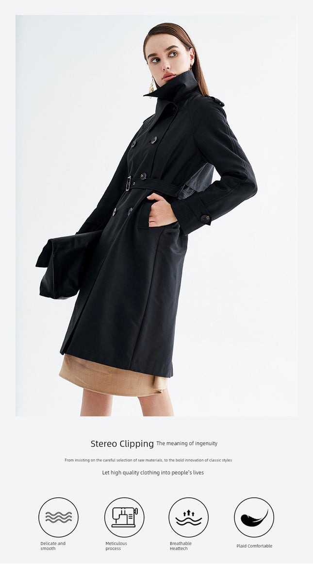 Canto Motto Fog Channel Autumn Same Style with Mall Lapel Double Breasted Shoelace Waist-Tight Mid Length Long Length Trench Coat