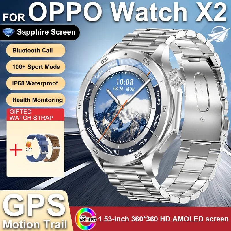 2025 New For OPPO Watch X2 GPS Smart Watch Men Bluetooth Talk Heart Rate Sports Fitness Tracker IP68 Waterproof Smartwatch Man