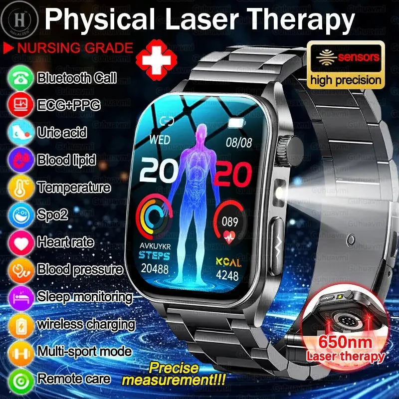 2026 New Health Smart Watch Laser Therapy Reduce Three Highs Blood Oxygen Pressure Uric Acid Blood Lipid ECG Smartwatch For Man HALALZEN