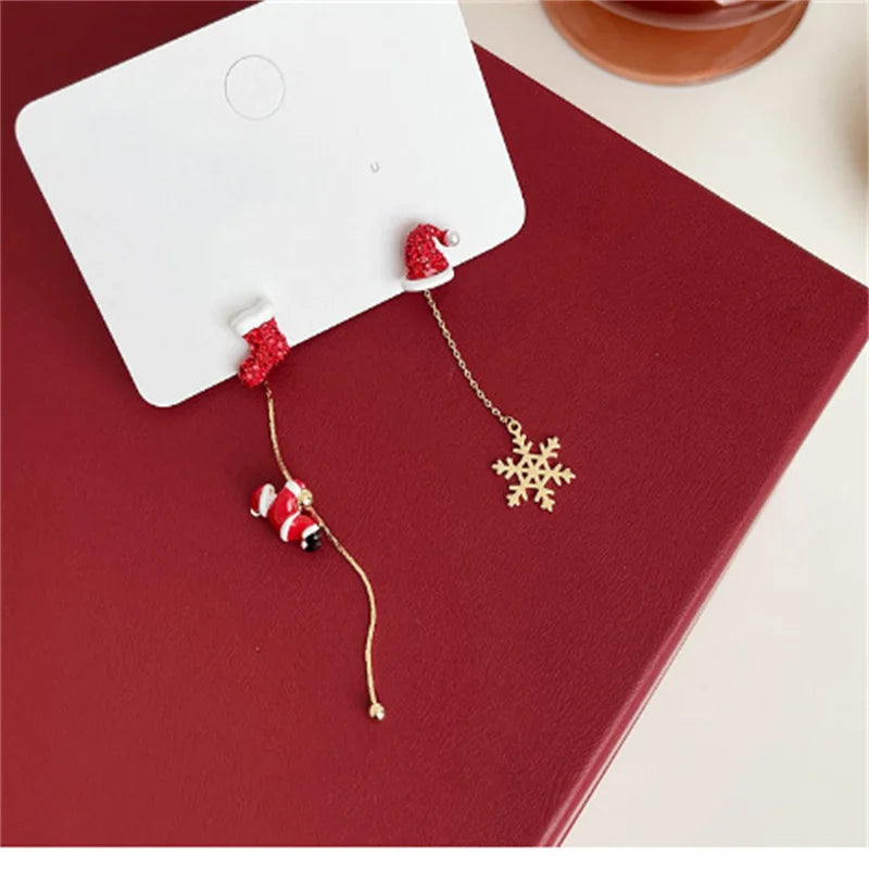 Trendy Asymmetric Xmas Santa Tassel Stud Earrings for Women Jewelry Enamel Christmas Star Tree Gift Box Pierced Dangle Bijoux