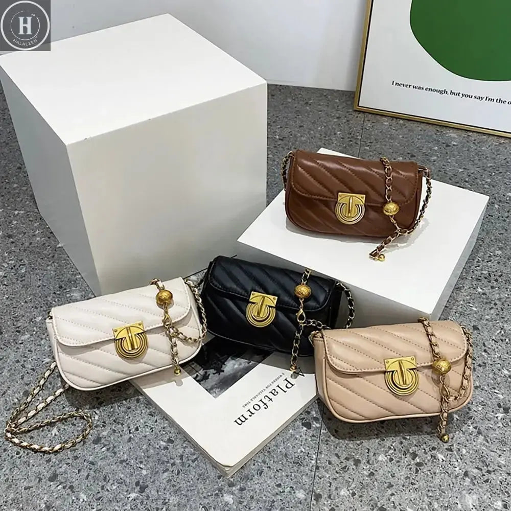 PU Leather Chain Shoulder Bag Leisure Swivel Lock Rhombic Lattice Crossbody Bag Large Capacity Underarm Bag Women Girls HALALZEN