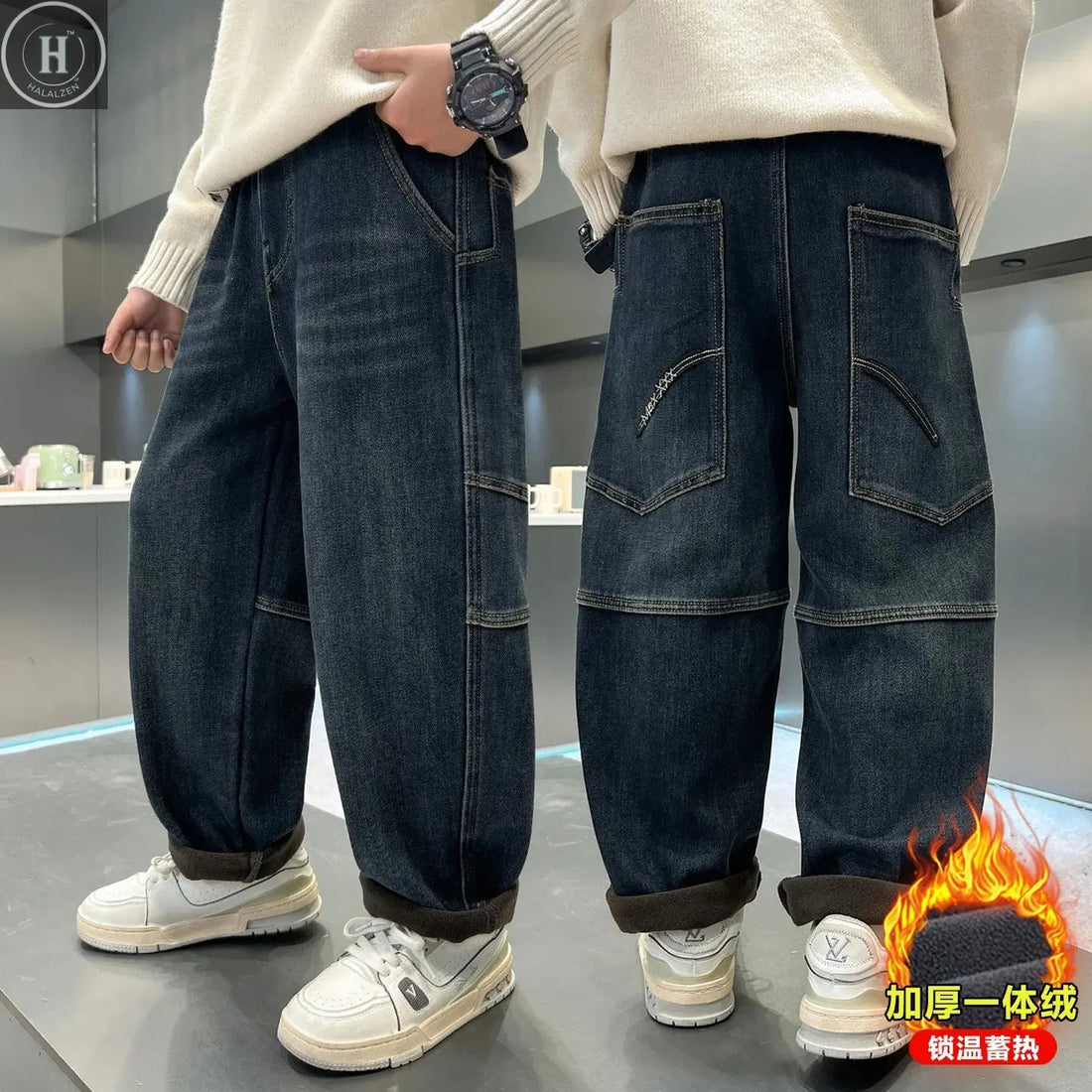 Boys Fleece Denim Pants with Back Pocket Teenager Boys Handsome Autumn Winter Warm Boys Thick Straight Leg Baggy Wide-leg Pants HALALZEN
