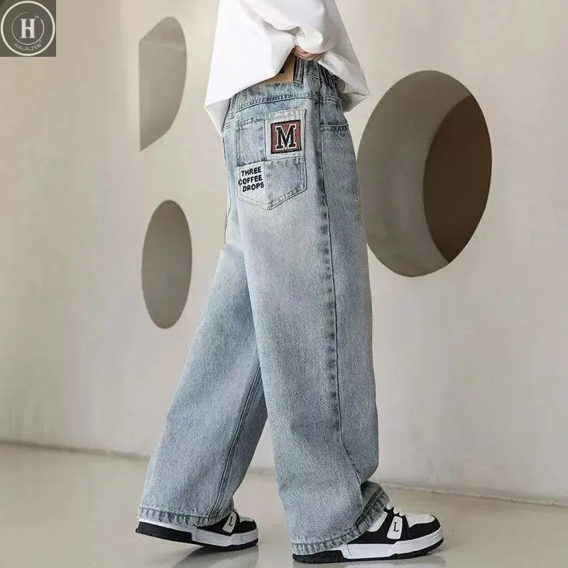 Boys Winter Warm Jeans New Style Teenage Children Trendy Brand Loose Straight Leg Fleece Denim Pants Kids Loose Trousers HALALZEN