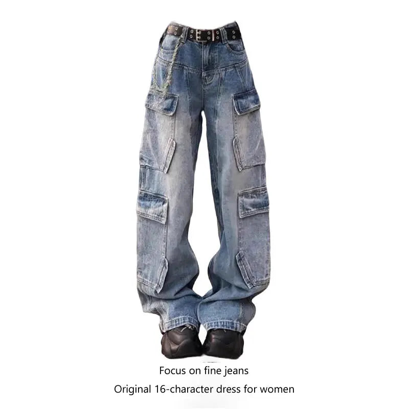 American High Street Multi Pocket Cargo Denim Pants Women 2025 Spring Autumn Loose Wide Leg Straight Washed Streetwear Jeans