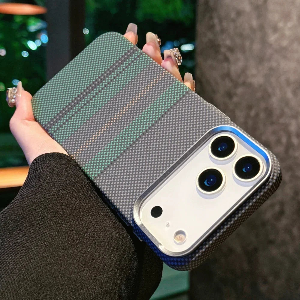Carbon Fiber Relief Magsafe Case For iPhone 13 14 15 16 17 Pro Max Plus Magnetic Wireless Charging Alloy Lens Shockproof Cover