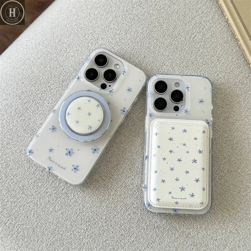 Korean Ins Flower Magnetic Stand Phone Case For iPhone 16 Pro 15 14 13 Pro Max Cover with Magsafe Card Holder Cute Cases Funda Halalzen UK