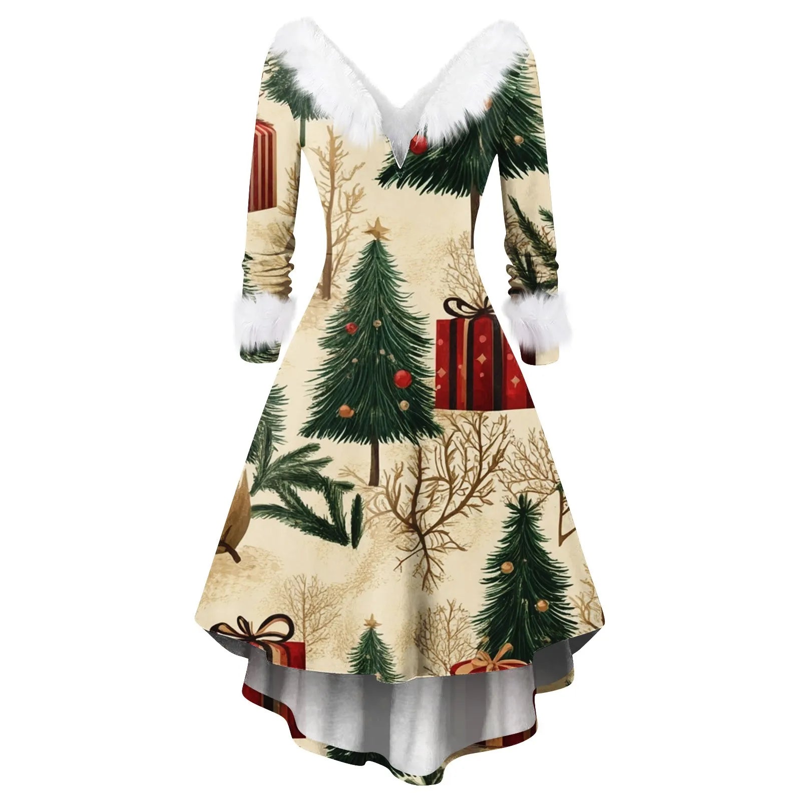 Women Winter Furry Plush Party Dress Female Long Sleeve Irregular A -line Dress