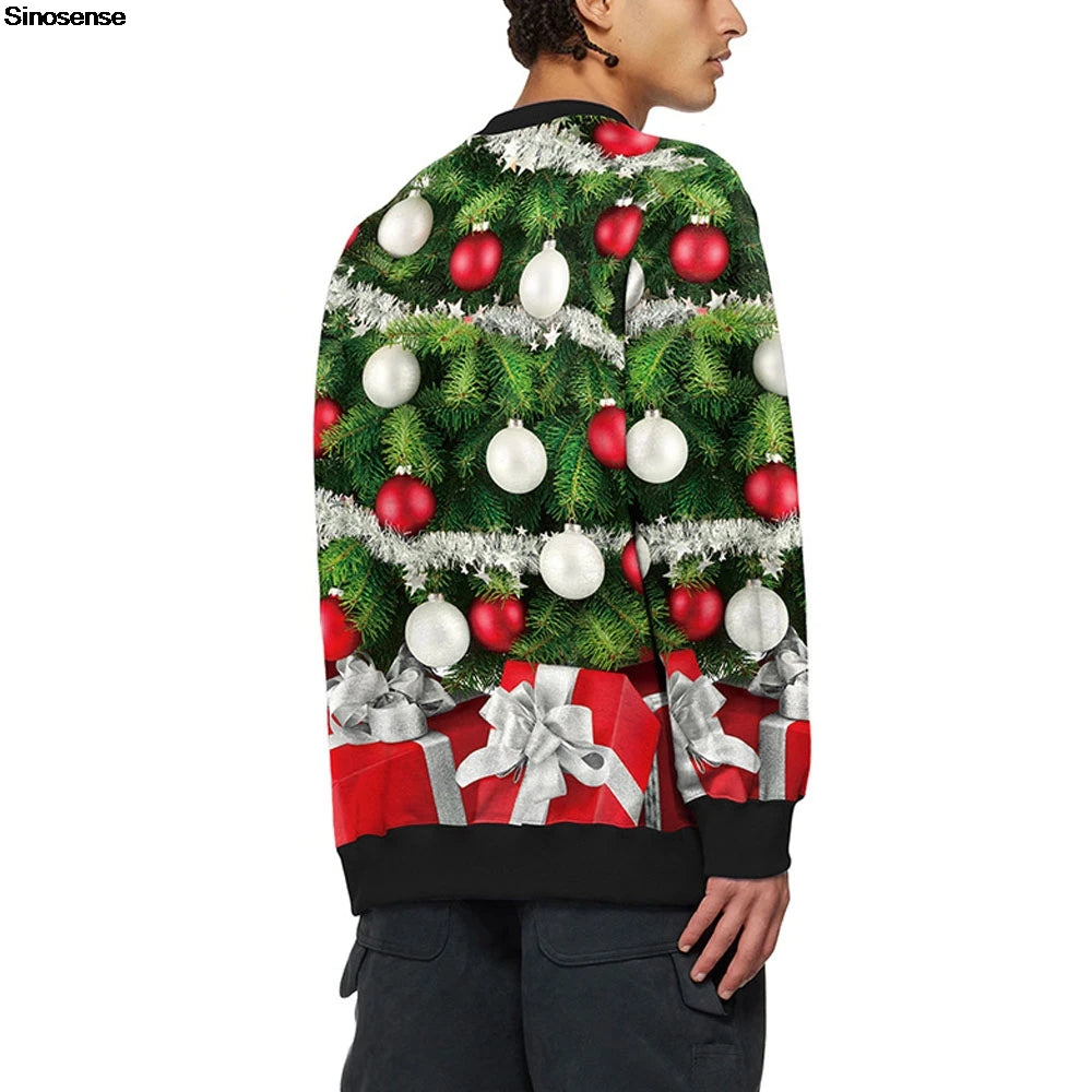 Men Women Crewneck Xmas Sweatshirt 3D Christmas Tree Gift Print Holiday Party Jumper Tops Pullover Alpaca Ugly Christmas Sweater