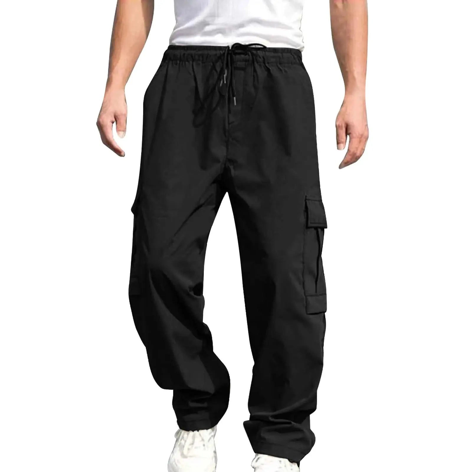 Men s Loose Cargo Long Pants Solid Color Drawstring Waist Straight Leg Trousers Casual Work Pants with Pockets Halalzen UK