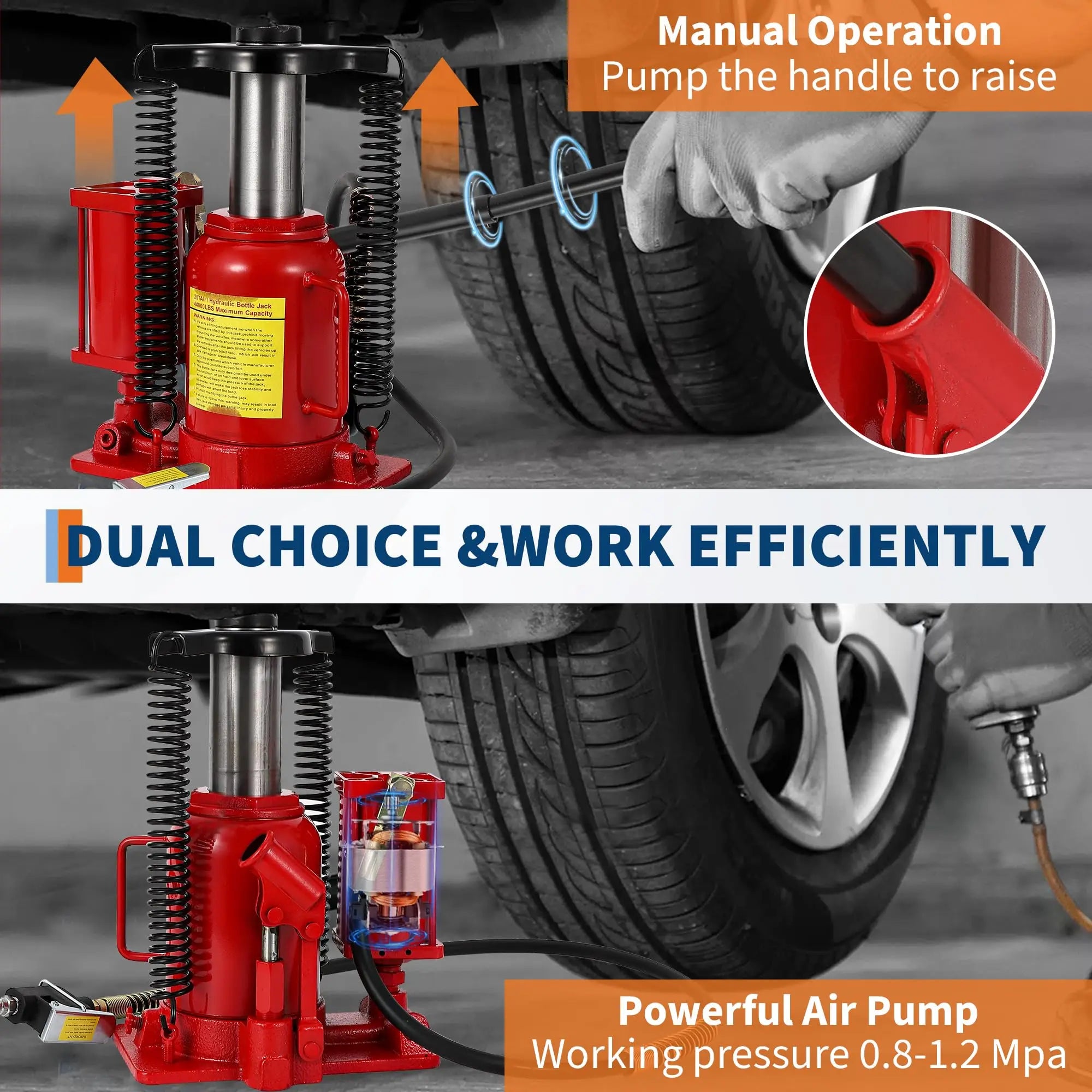 12/20Ton Air Hydraulic Bottle Jack, Pneumatic Hydraulic All Welded Bottle Jack w/Manual Hand Pump and Handle, Heavy Duty Car Pic