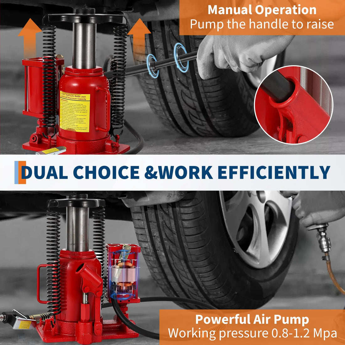 12/20Ton Air Hydraulic Bottle Jack, Pneumatic Hydraulic All Welded Bottle Jack w/Manual Hand Pump and Handle, Heavy Duty Car Pic