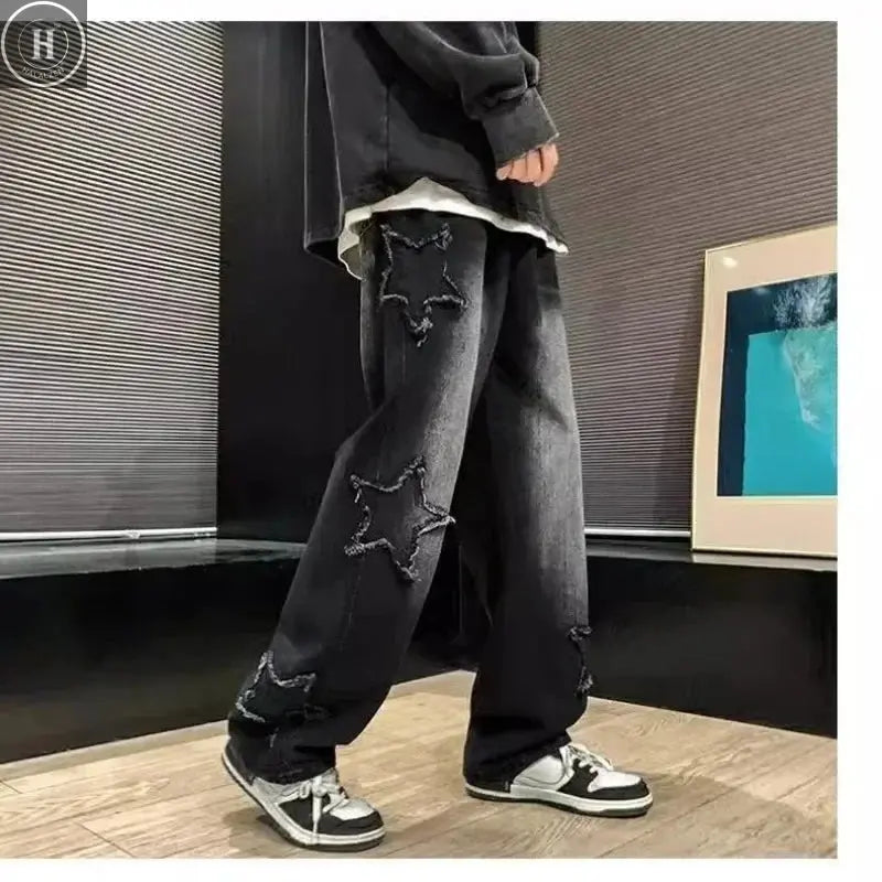 2025 New Fashion Stars Towel Embroidery Brown Men Jeans Pants Y2K Clothes Straight Hip Hop Cotton Trousers Pantalon Homme Halalzen UK