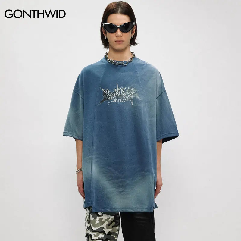 Hip Hop Oversized T-Shirt Grunge Letter Graphic Print Tie Dye Tshirt Streetwear Men Punk Gothic Shirts 2024 Harajuku Loose Tops