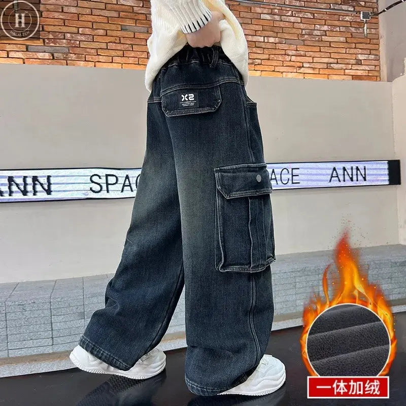 School Boy Winter Insulated Cargo Jeans Children's Warm Fleece Lined Stretch Straight Trousers For Kids Thermal Denim Pants 4-14 HALALZEN