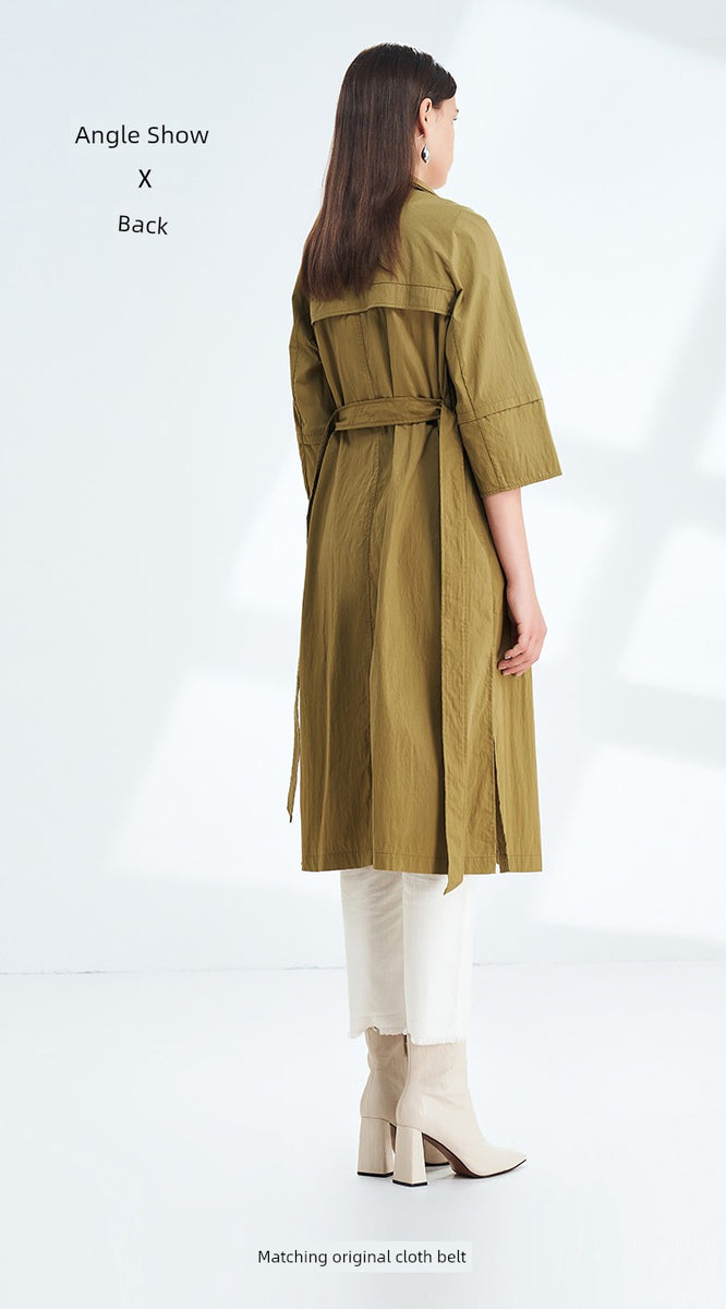 Canto Motto Fog Channel 2023 Spring New Green H-Type Drop Shoulder 3/4 Sleeve Mid Length Long Length Trench Coat Outwear