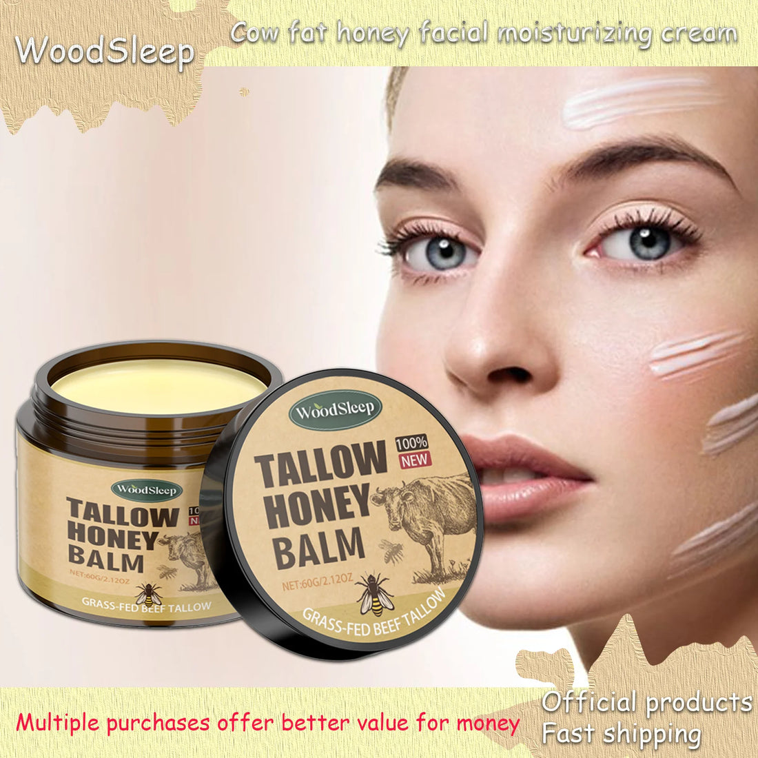 WoodSleep 60g Beef Tallow Honey Face Moisturizer - Intense Hydration for Dry Skin, Anti-Chapping Winter Skincare for Women & Men