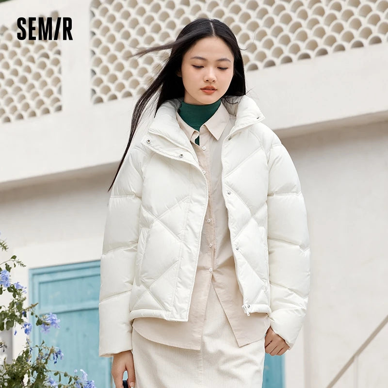 Semir Cotton Clothing Women Loose Stand Collar Simple Casual Temperament Winter Gentle Waterproof Rhombus Versatile Thick Coat