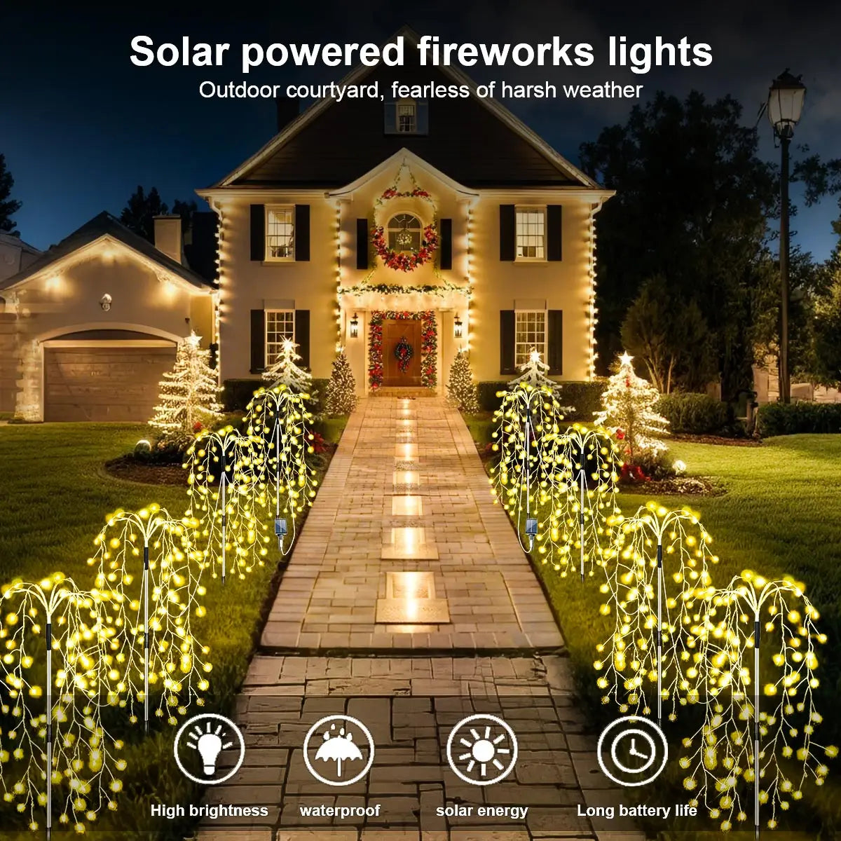 4Pack 680LED Christmas Solar Firecracker Fireworks Lights Outdoor Yard Lawn Garden Decorative Light Party Landscape Lighting