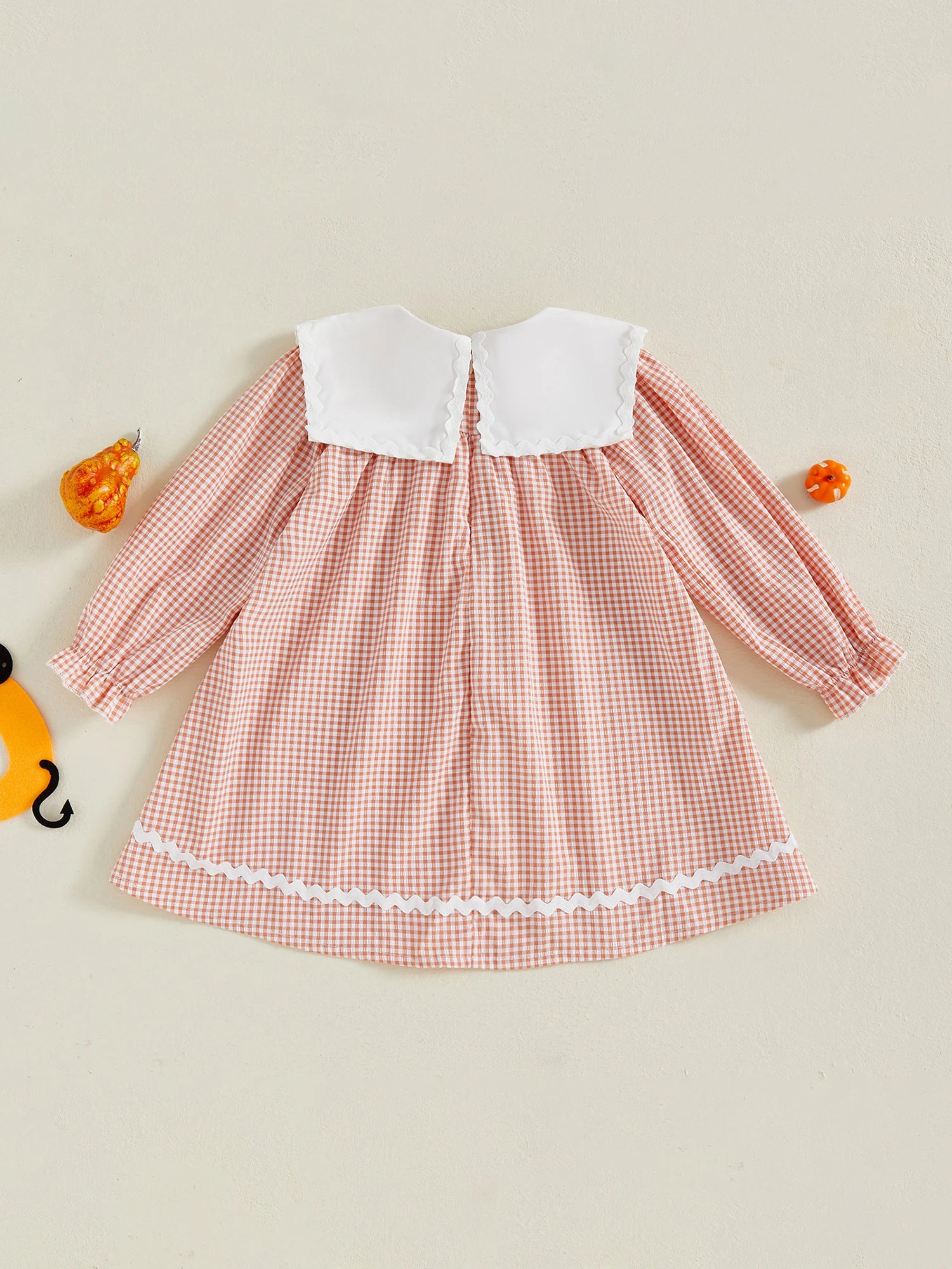 Cute Toddler Girls Halloween Dress with Long Sleeves and Doll Collar Featuring Pumpkin Embroidery on Plaid Fabric