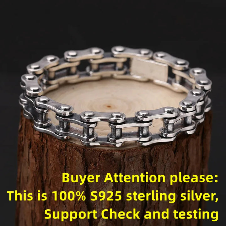 100% S925 Sterling Silver Punk Bicycle Chain Bracelet Punk S925 Silver Jewelry Certified Never Fade Men Jewelry Gifts