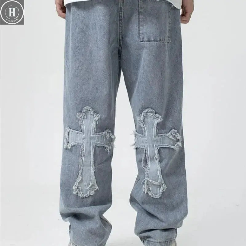 2025 new high street loose white cross jeans men's jeans Y2k loose pants loose cross design straight leg jeans men's Halalzen UK