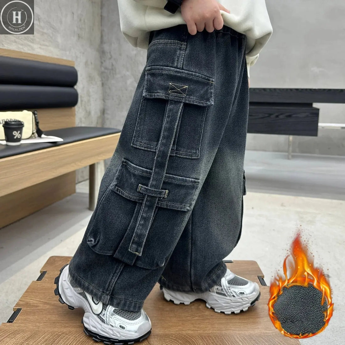 New Arrival Boys' Winter Fleece-Lined with Multi Pockets Washed Dark Denim Pants, Trendy Streetwear Workwear Trousers HALALZEN