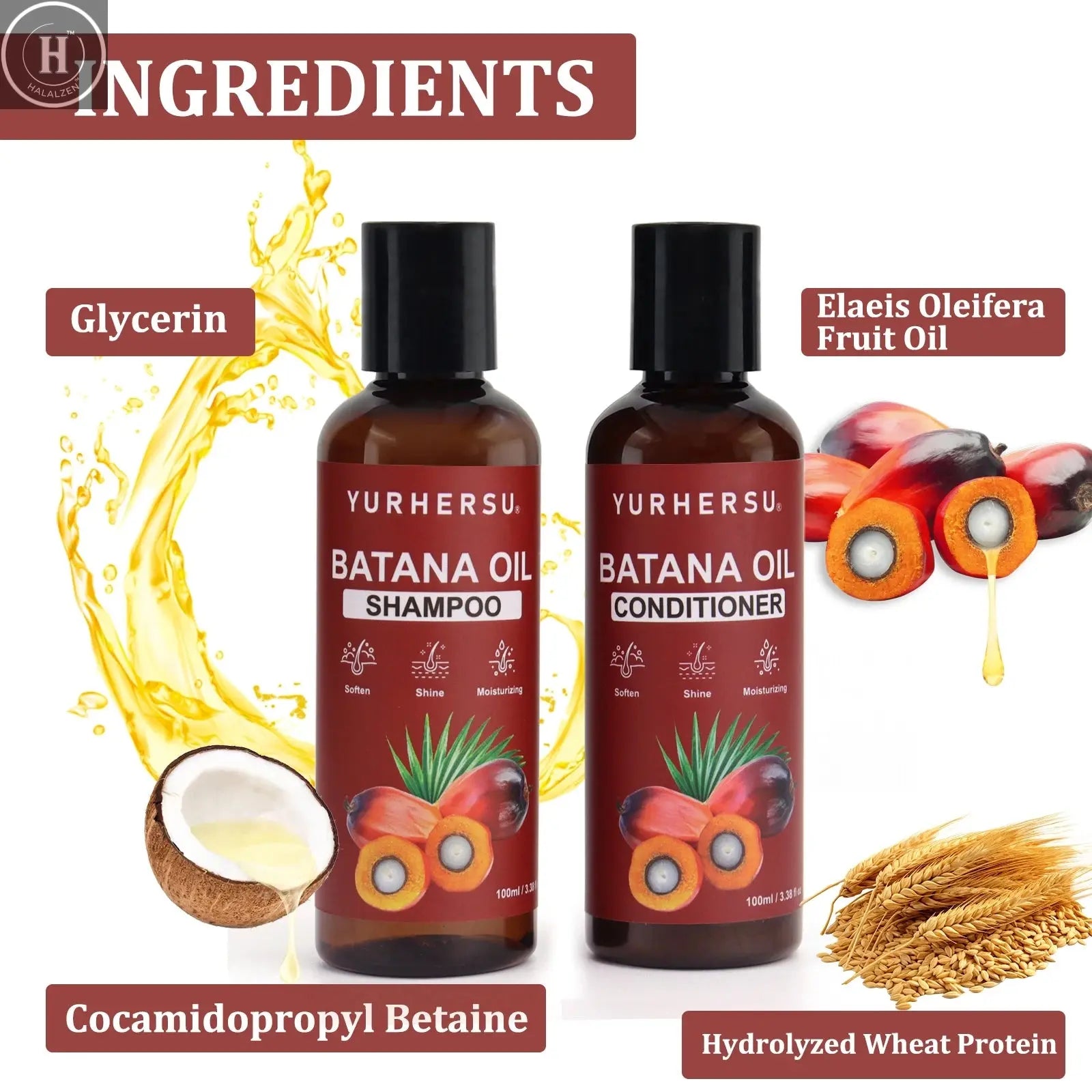 Batana Shampoo provides full shine and healthy hair care, contains Batana oil extract, and includes a cleansing conditioner HALALZEN
