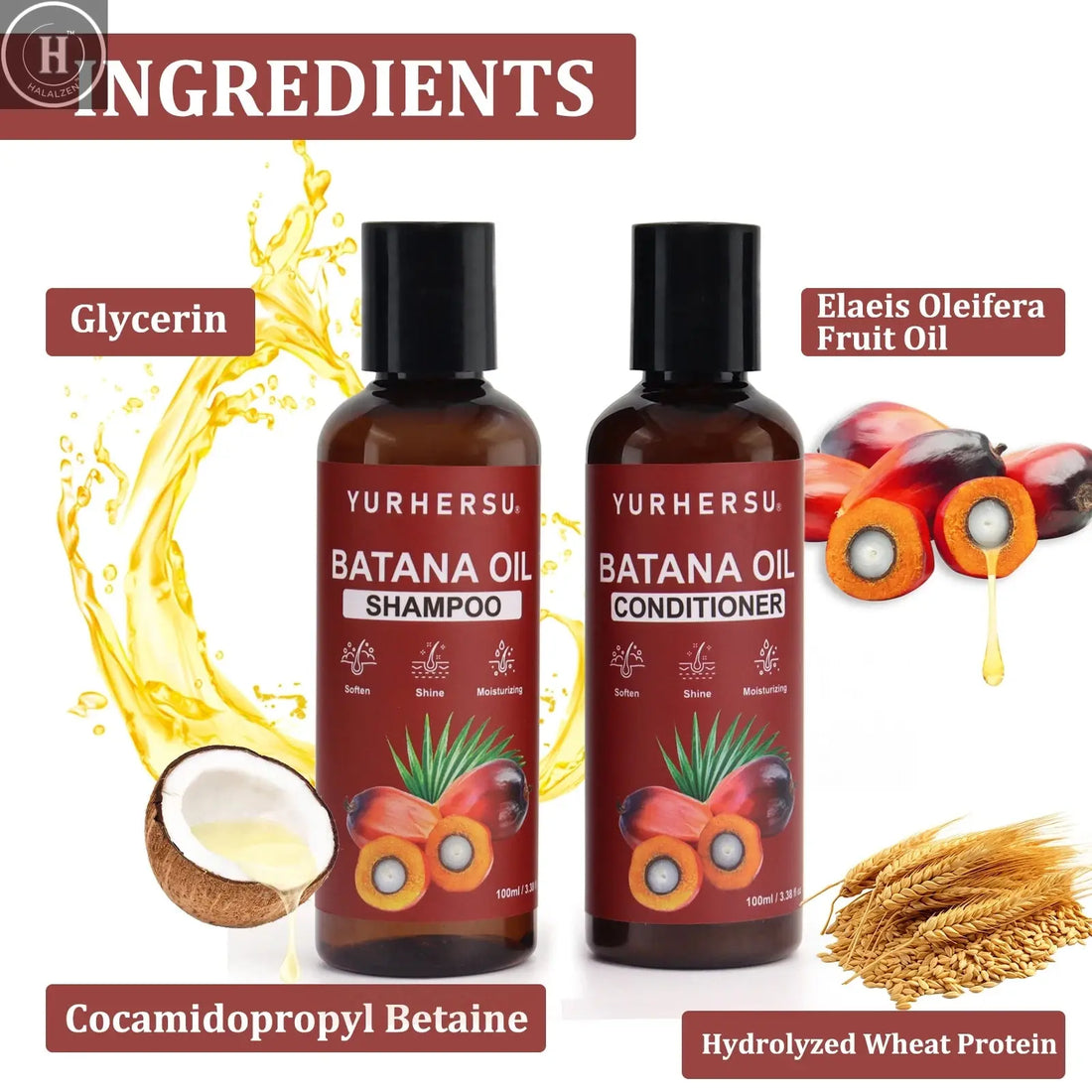 Batana Shampoo provides full shine and healthy hair care, contains Batana oil extract, and includes a cleansing conditioner HALALZEN