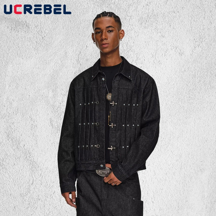 Spliced Raw Denim Jacket Mens with Rivets Retro High Street Autumn Winter Lapel Long Sleeve Cowboy Jacket Man Outerwear