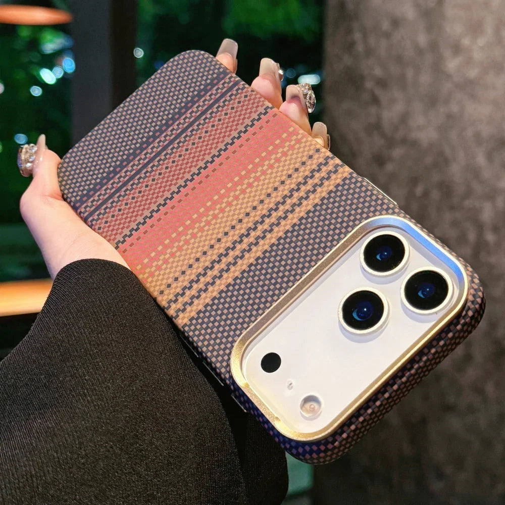 Carbon Fiber Relief Magsafe Case For iPhone 13 14 15 16 17 Pro Max Plus Magnetic Wireless Charging Alloy Lens Shockproof Cover