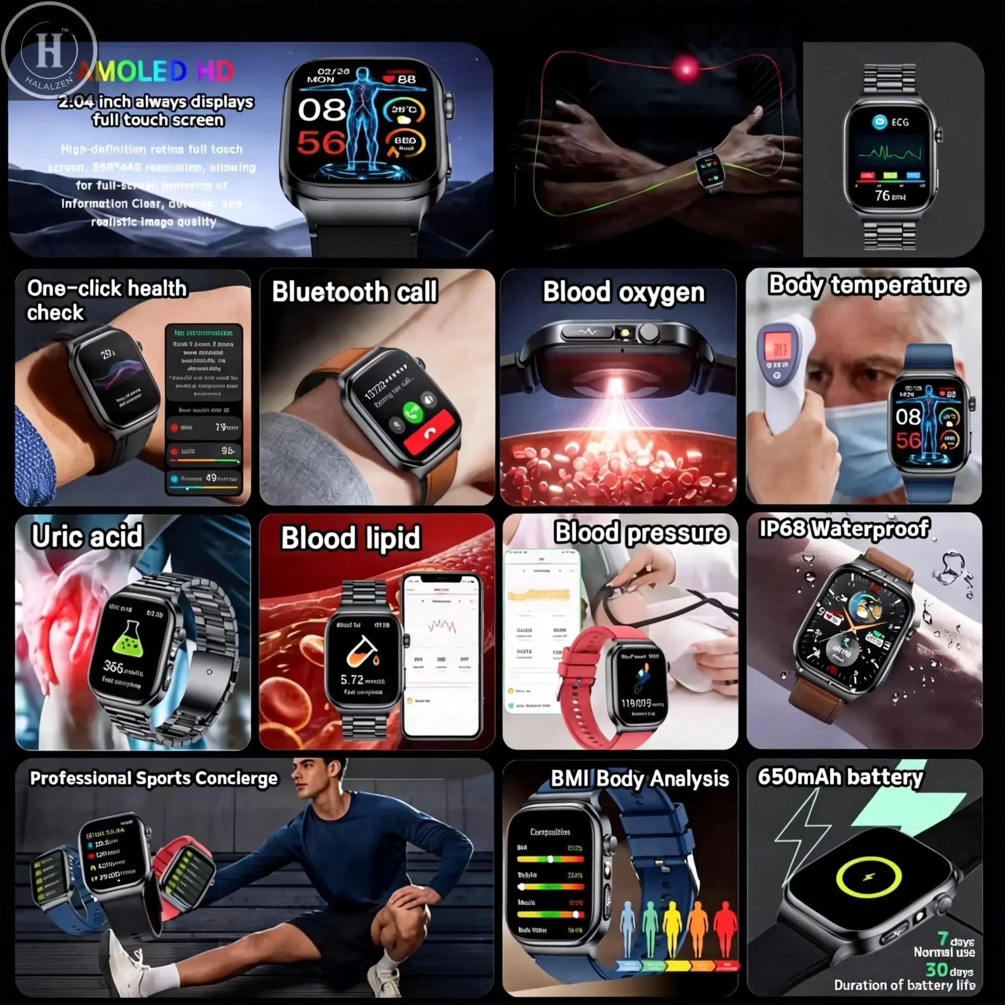 2026 New ECG+PPG Accurate Measurement Health Smart Watch Uric Acid BP Five Organ Blood Lipids HD Call Smart Watchs For Men Women HALALZEN