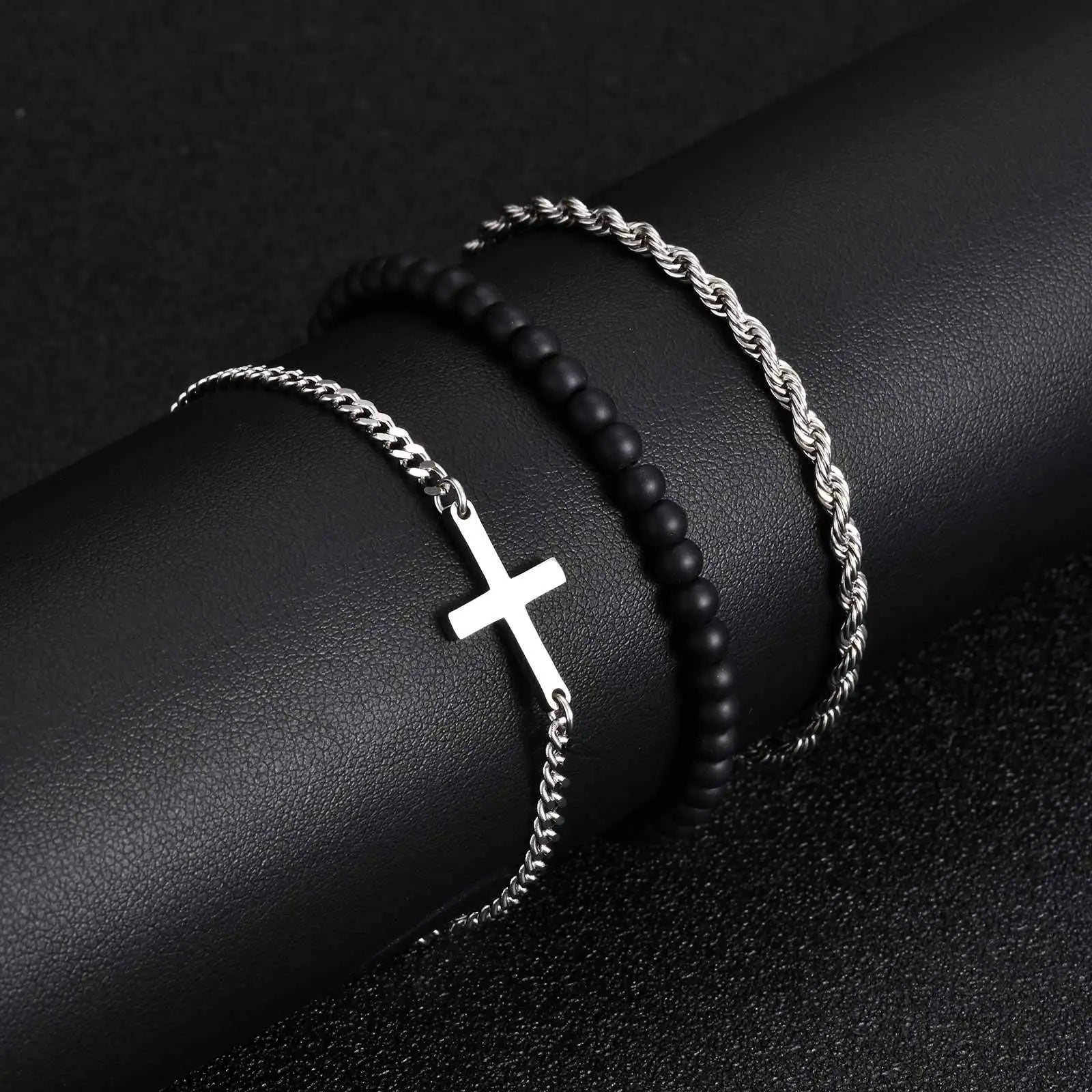 3pcs Stylsh Cross Men's Bracelet,Punk Stainless Steel Stacked Chain Link Wristband,Birthday Anniversary Gift for Him