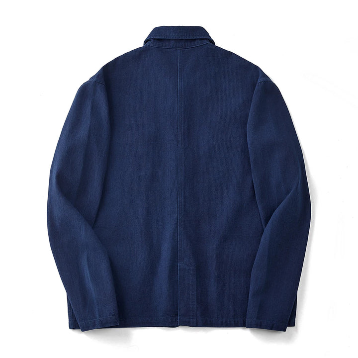 Vintage Herringbone Indigo Jacket Men Autumn Winter New Lapel Multi-pocket Blue Dyed French Workwear Jacket Casual Cardigan Coat