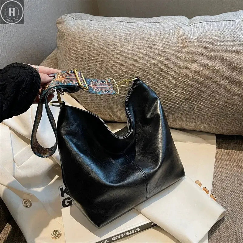 Women Vintage PU Leather Shoulder Bag Large Capacity Hobo Tote Wide Strap Casual Crossbody Purse Daily Handbag Quality HALALZEN