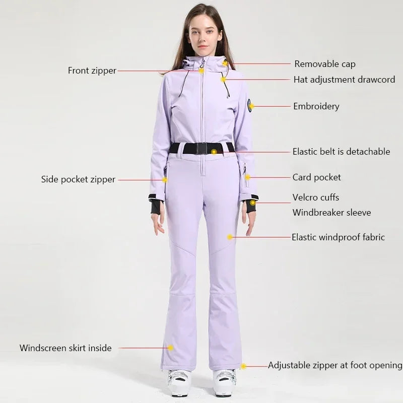 Women Ski Suit 2025 Slim Outdoor Snowboard Jacket Overalls Windproof Waterproof Warm Jumpsuit One-Piece Ski Set Winter Clothing