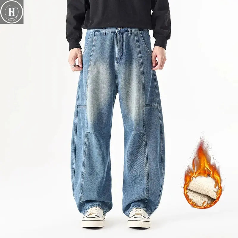 Men's Fleece Thick Curved Knife Jeans American Style Retro Loose Wide Leg Denim Pants Vintage Casual Splicing Design Trousers HALALZEN