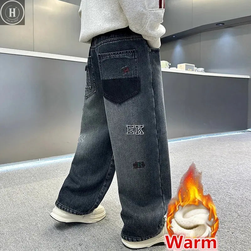 Kids Boys Winter Warm Streetwear Jeans With Letters Fashion Child Fleece Insulated Denim Pants For Teenagers 5 7 9 11 13 14 Year HALALZEN