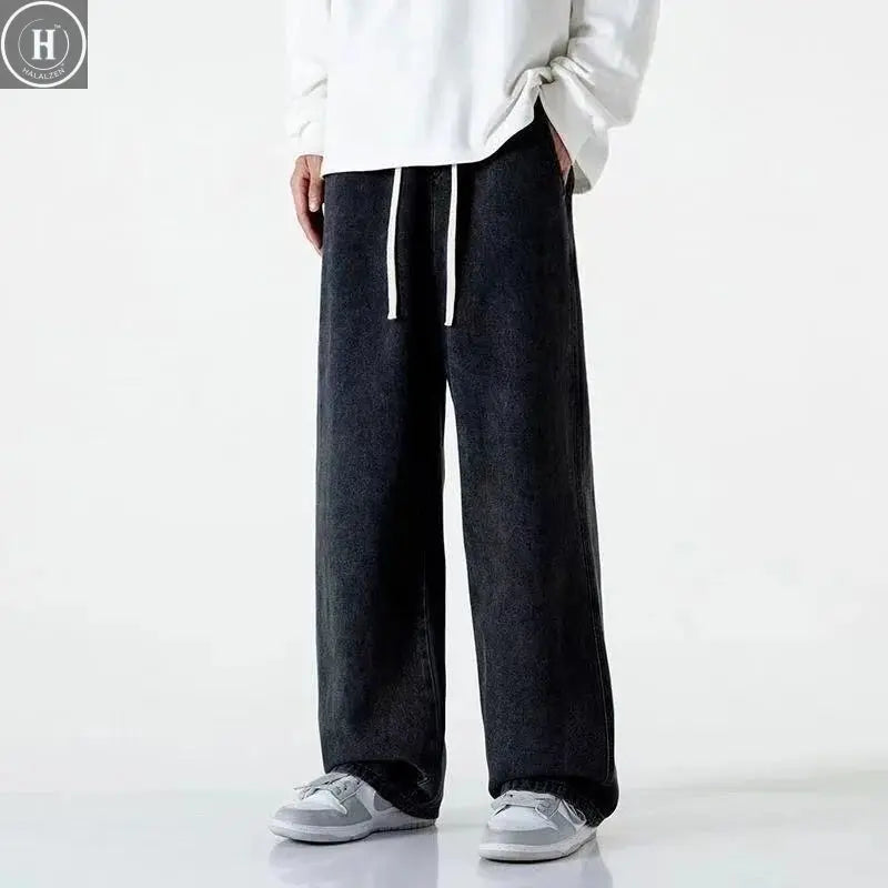 Korean Solid Colors Men's Casual Long Jeans Classic Man Four Seasons Straight Denim Wide-leg Pants Light Blue Grey Black 3XL Halalzen UK