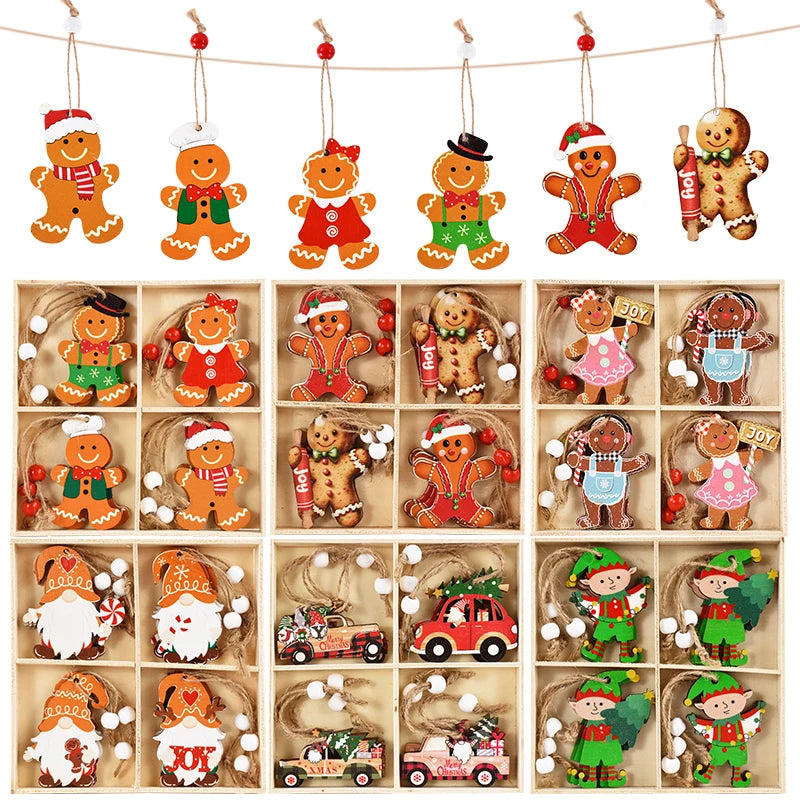 Christmas Wooden Pendants Gingerbread Man Gnomes Xmas Tree Hanging Oranment 2024 Noel Navidad Decorations for Home New Year Gift