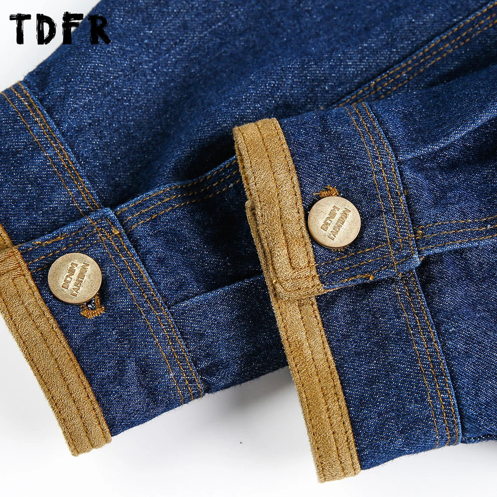 Multi-Pocket Spliced Lapel Denim Jacket Mens Topstitch Retro Casual Autumn Single Breasted Long Sleeve Outerwear Man