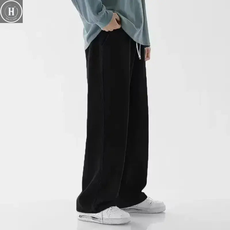 Korean Solid Colors Men's Casual Long Jeans Classic Man Four Seasons Straight Denim Wide-leg Pants Light Blue Grey Black 3XL Halalzen UK