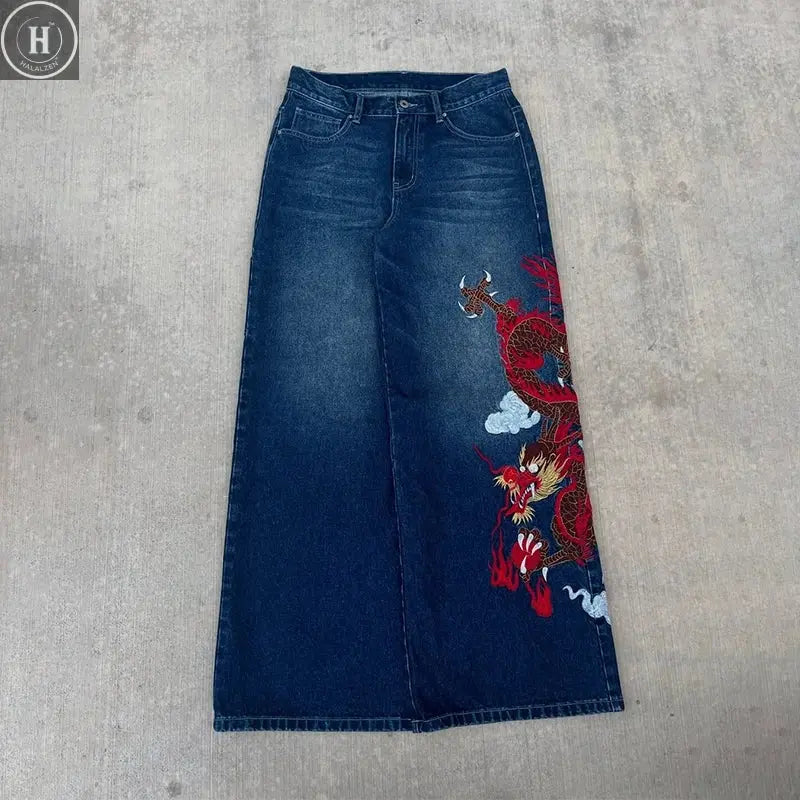 Dragon Graffiti Embroidery Dark Blue Loose Wide Leg Distressed Jeans Y2K High Waist Men Women Vintage Casual Daily Streetwear Halalzen UK